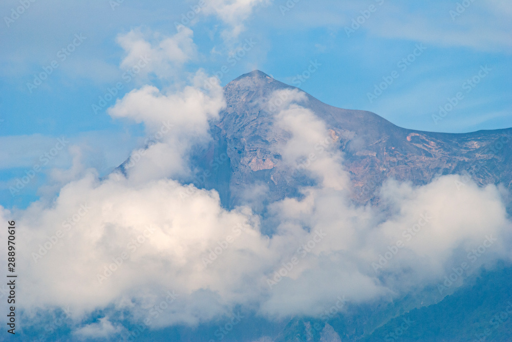  Panoramic view of crater volcan active in Guatemala called Fuego, active volcanic chain, destruction and natural catastrophe