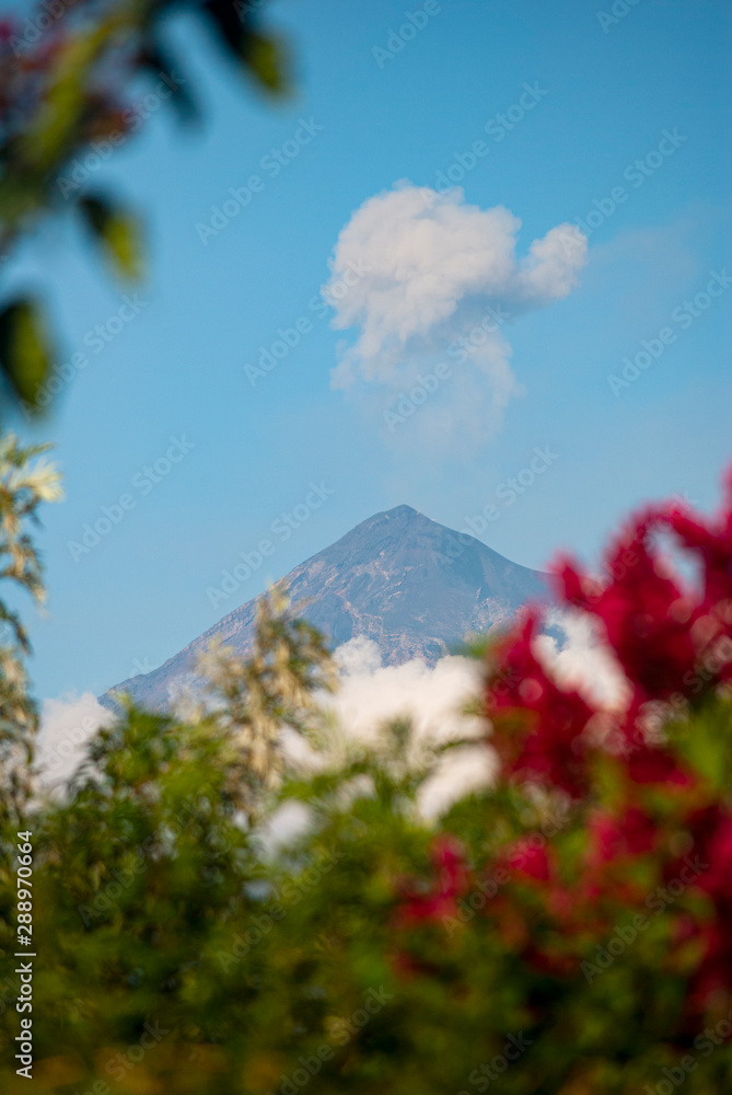 Fototapeta premium Panoramic view of crater volcan active in Guatemala called Fuego, active volcanic chain, destruction and natural catastrophe