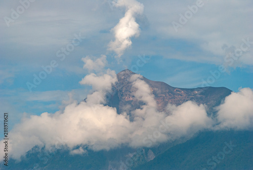  Panoramic view of crater volcan active in Guatemala called Fuego, active volcanic chain, destruction and natural catastrophe