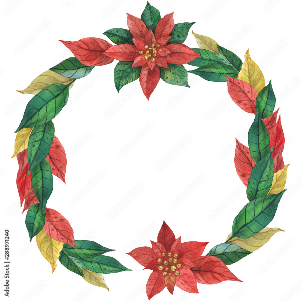 Fototapeta premium Christmas Star Poinsettia Wreath, traced watercolor round frameincluded