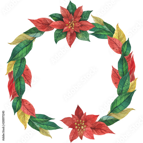 Christmas Star Poinsettia Wreath, traced watercolor round frameincluded