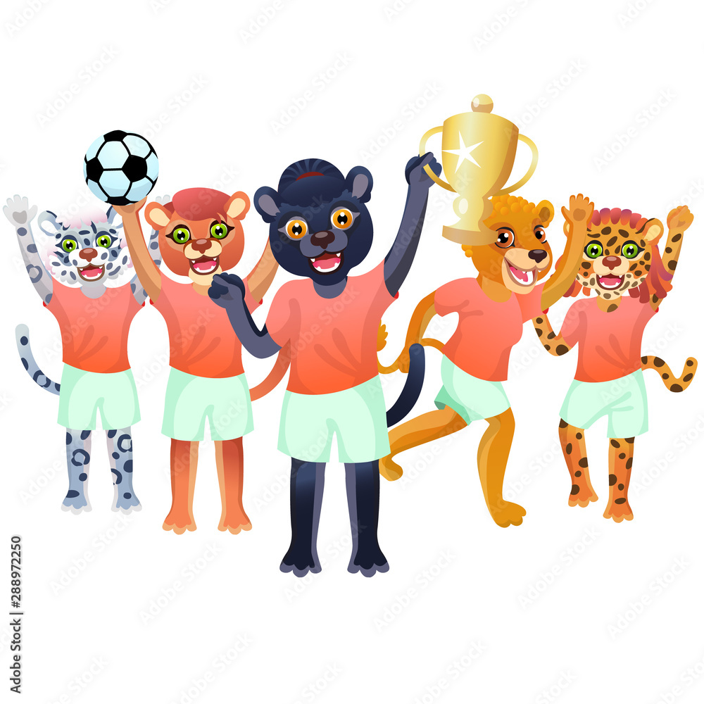 Obraz premium The black panther girl with goblet, and the team of snow leopard, cougar, lion and jaguar is on the white background
