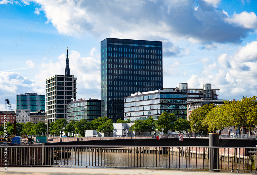 View over the canals on modern office architecture in Hamburg
