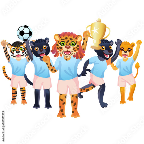 The jaguar girl with goblet, and the team of two panthers, tiger and lion is on the white background