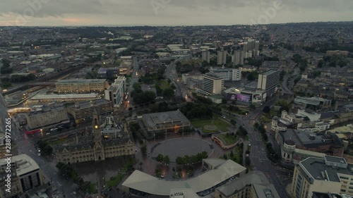 Drone Aerial Flying over Bradford City Park at sunrise