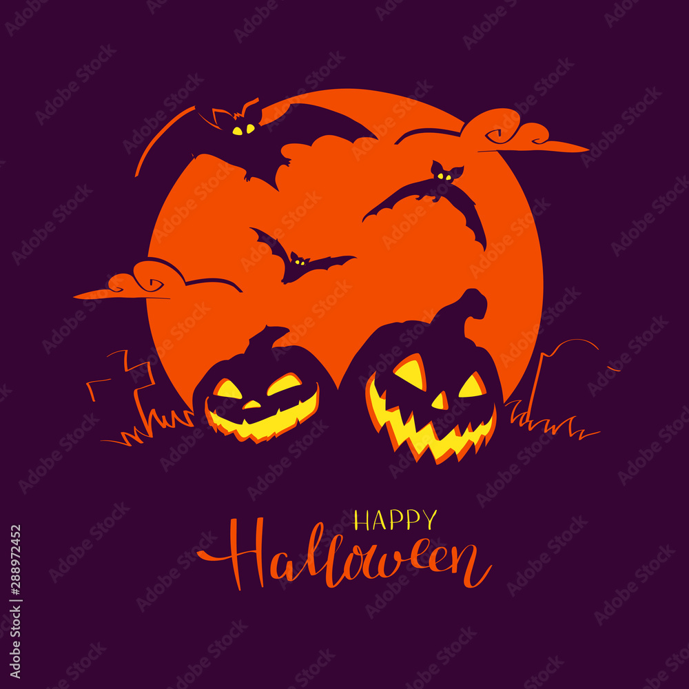 Halloween night background with Moon and Jack O' Lanterns. Vector illustration.