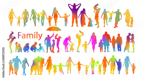 Set of different multi-colored silhouettes of a friendly family. Vector illustration