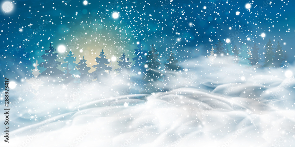 Natural Winter Christmas background with night, heavy snowfall, snowflakes, snowy coniferous forest, snowdrifts. Winter landscape with falling christmas shining beautiful snow. Natural Winter Christmas background with night, heavy snowfall, snowflakes, snowy coniferous forest, snowdrifts. Winter landscape with falling christmas shining beautiful snow.