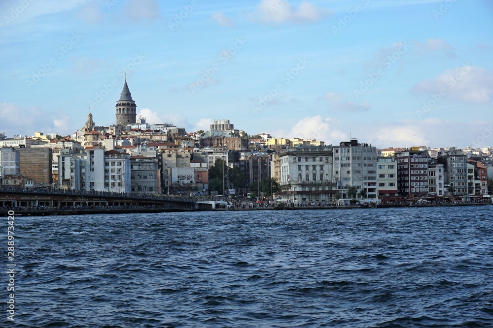 Galata Bridge and Galata Tower on the Bosphorus in Istanbul, Turkey.