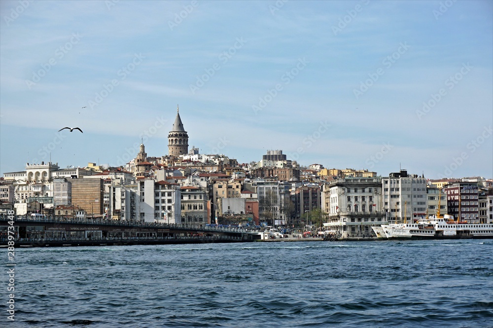 Galata Bridge and Galata Tower on the Bosphorus in Istanbul, Turkey.