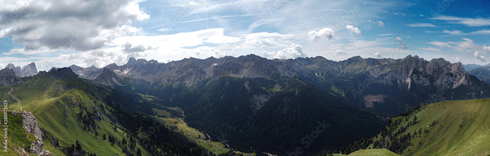 panoramic view of Valle San Nicolò and dolomites mountains, Val di Fassa, Trentino, Italy