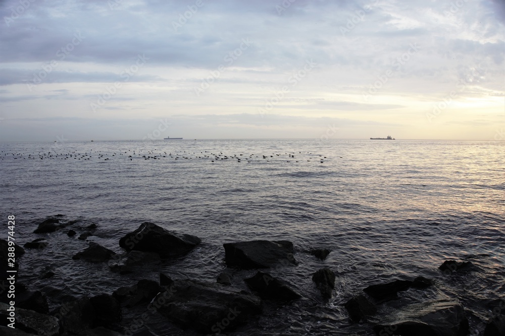 Obraz premium Vessels waiting near the coastline to move.
