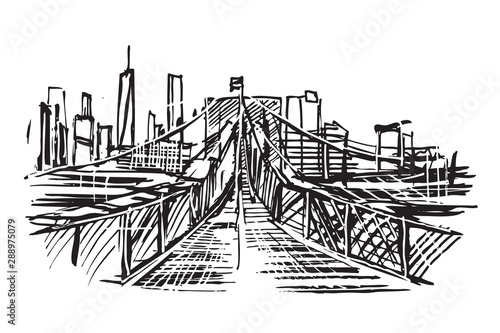 Rysynek ręcznie rysowany. Widok na most brookliński w Nowym Jorku w USA