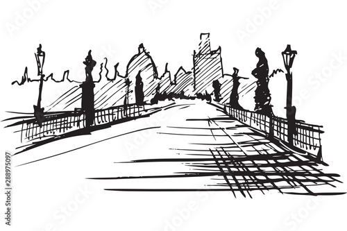 Rysynek ręcznie rysowany.  Most Karola w Pradze w Czechach