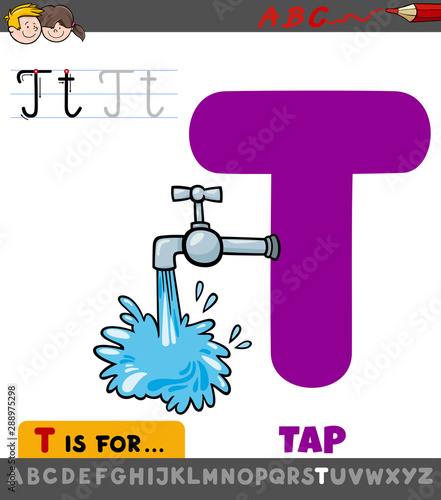 Foto letter T educational worksheet with cartoon tap