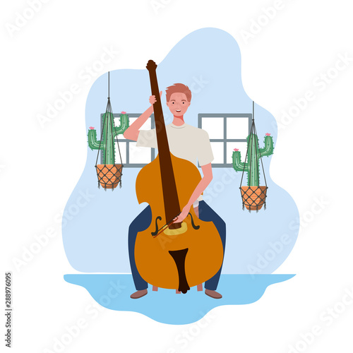 young man with fiddle and houseplants on macrame hangers of background
