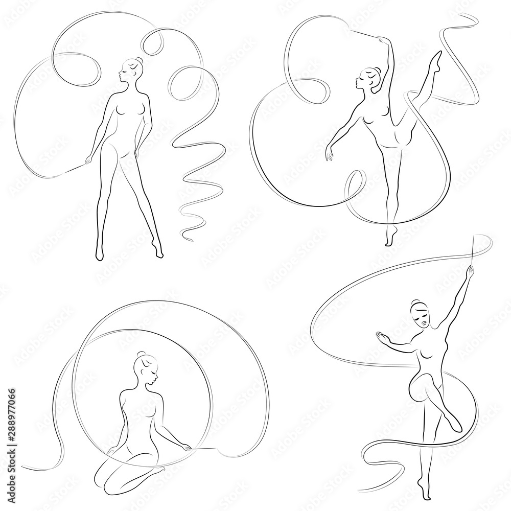 Collection. Rhythmic gymnastics. Silhouette of a girl with a ribbon. Beautiful gymnast. The woman is slim and young. Vector illustration set. Collection. Rhythmic gymnastics. Silhouette of a girl with a ribbon. Beautiful gymnast. The woman is slim and young. Vector illustration set.