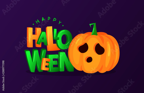 Vector lettering for Halloween isolated on navy background. Illustration of typography and pumpkin