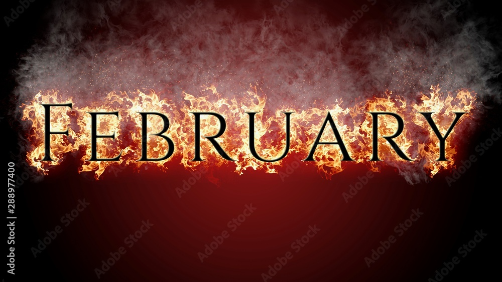 3D rendering name of month with flame of fire on black background