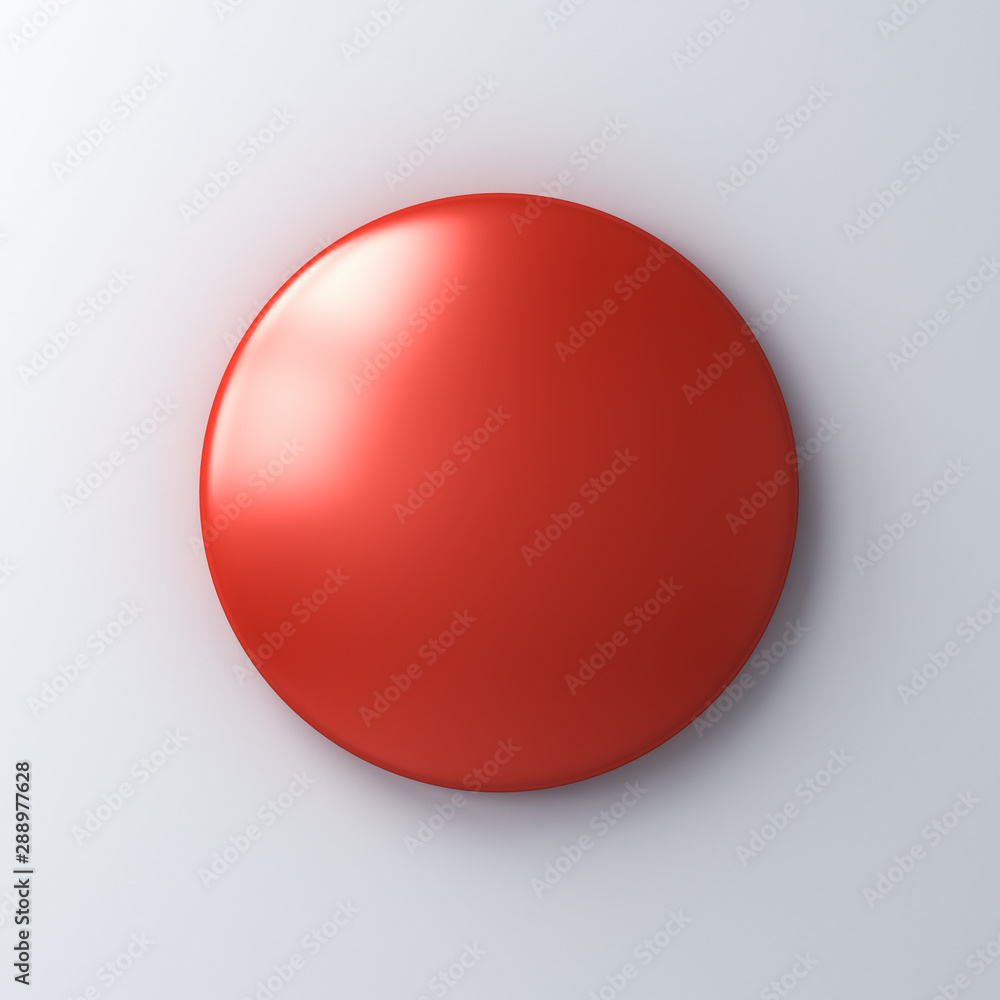 Blank red badge button on white wall background with shadow 3D rendering Blank red badge button on white wall background with shadow 3D rendering