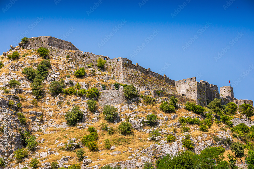 Rozafa Castle rises imposingly on rocky hill in Shkoder city, Albania