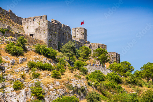 Rozafa Castle rises imposingly on rocky hill in Shkoder city, Albania