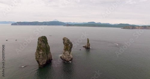 Rocks in the bay three brothers on the Kamchatka