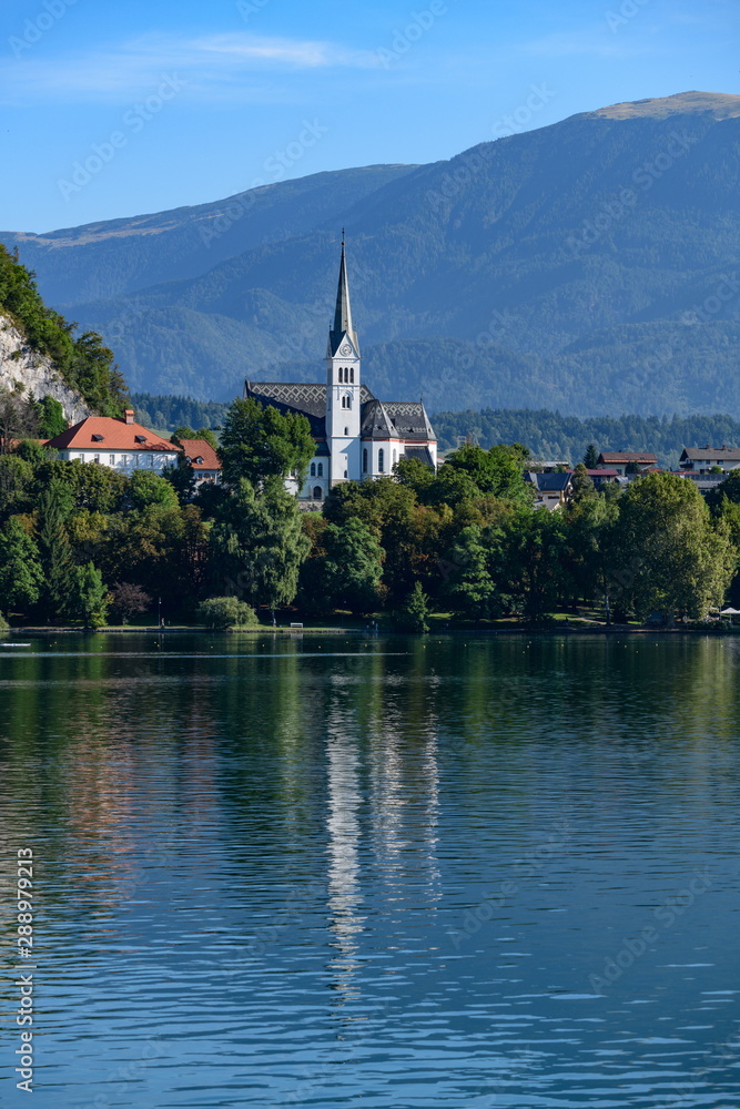 Beautiful church of St. Martin on the shores of Lake Bled.