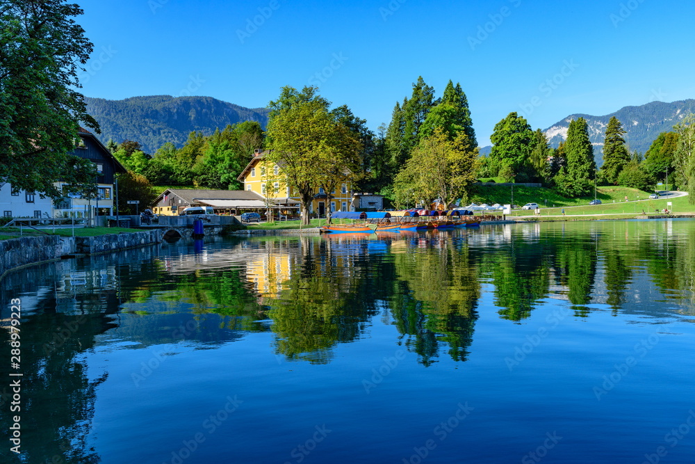Beautiful view of the shore of Lake Bled with colorful reflection.