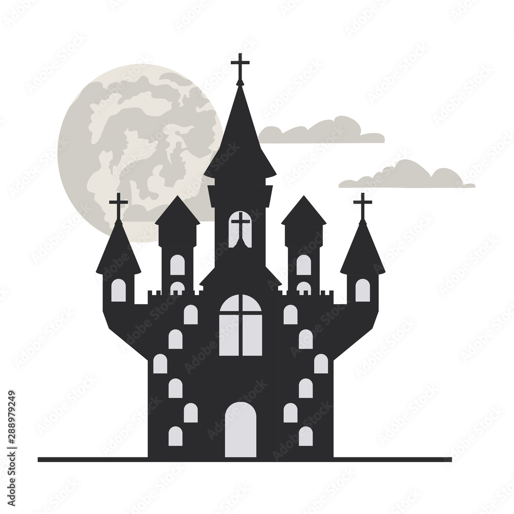 scary halloween castle on white background