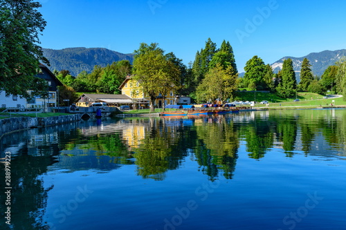 Beautiful view of the shore of Lake Bled with colorful reflection.