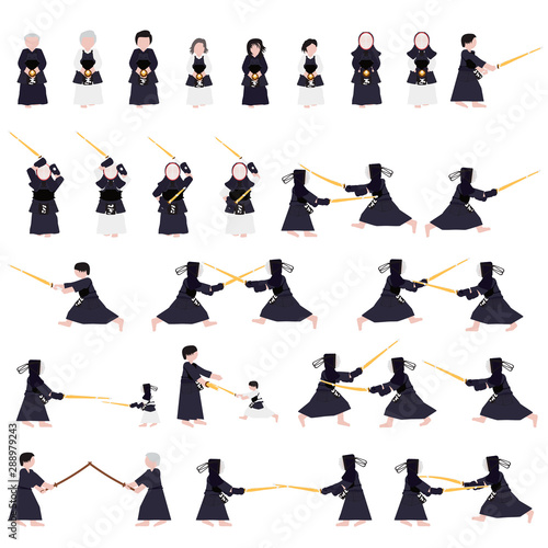 People doing kendo set. Japanese fencing set. Vector.