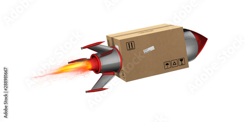 Fast delivery of package by turbo rocket. 3D Rendering. Fire, freight. photo