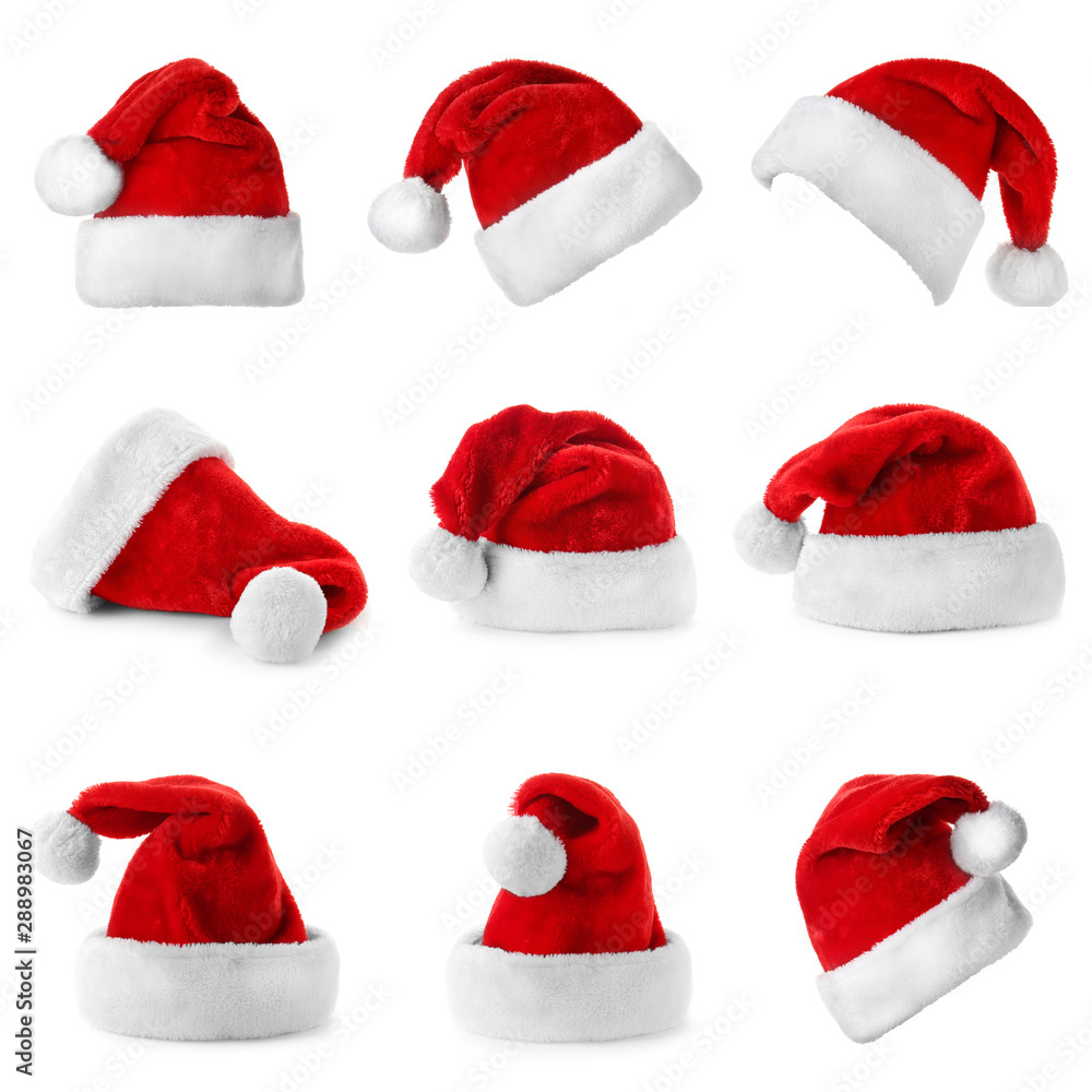 Set of red Santa Claus hats on white background Set of red Santa Claus hats on white background