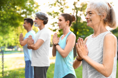 Group of people practicing morning yoga in park