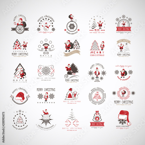 Christmas Icons And Elements Set - Isolated On Gray Background - Vector Illustration, Collection Of Xmas Icons For Label, Sticker, Christmas Tree, Santa Claus Icon And Logo. Merry Christmas Typography