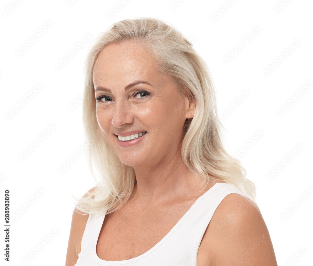 Portrait of beautiful mature woman with perfect skin on white background Portrait of beautiful mature woman with perfect skin on white background