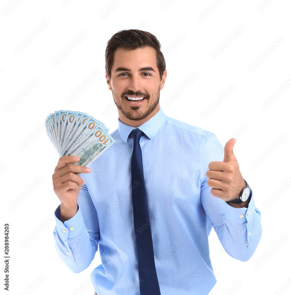 Handsome businessman with dollars on white background Handsome businessman with dollars on white background