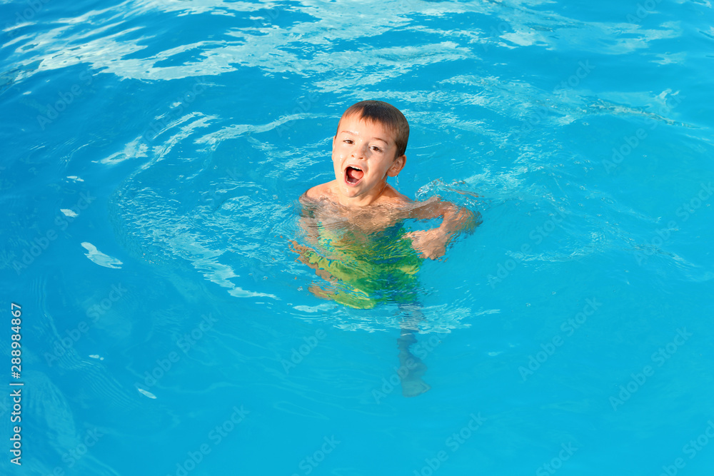 Little child in outdoor swimming pool. Dangerous situation Little child in outdoor swimming pool. Dangerous situation