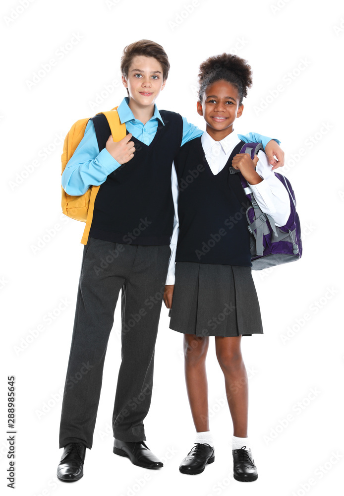 Happy pupils in school uniform on white background Happy pupils in school uniform on white background