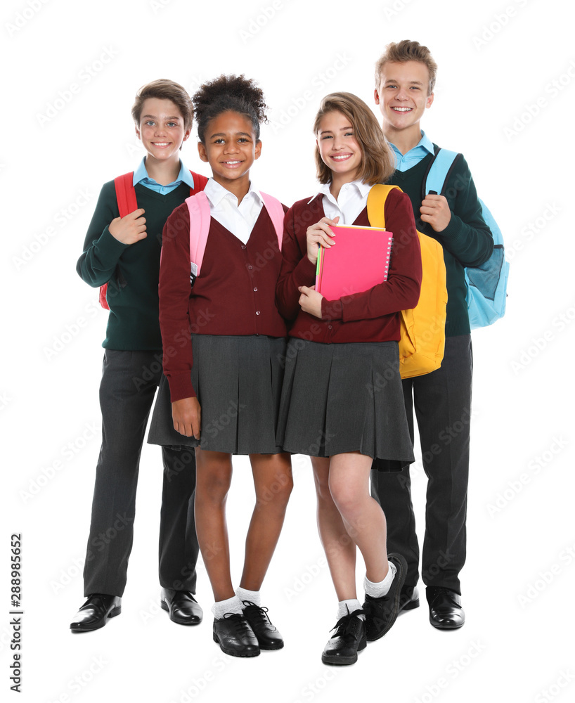 Happy pupils in school uniform on white background Happy pupils in school uniform on white background