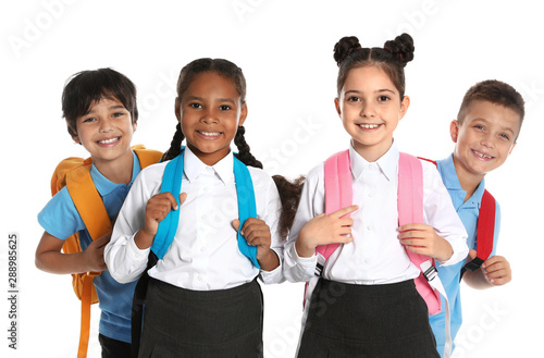 Happy children in school uniform on white background