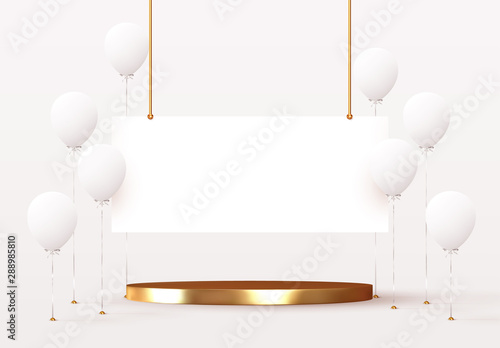 Balloons with podium space for text and objects, presentation template, holidays, discounts, sale banner, web poster. Celebrate birthday. Festive Stage with group of helium white ballons. vector