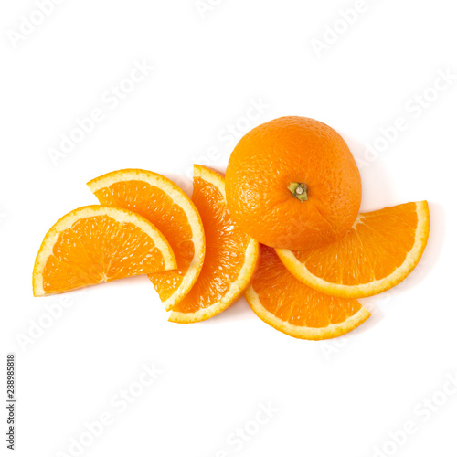 Orange fruit slice layout isolated on white background closeup. Food background. Flat lay  top view.