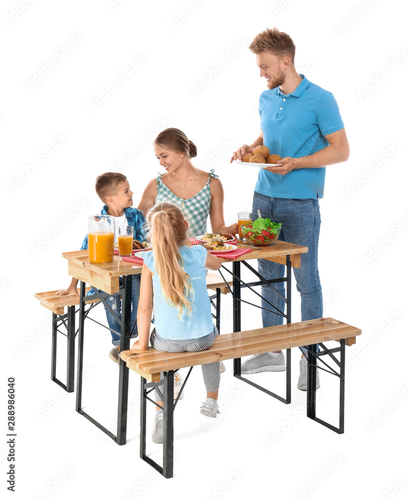 Happy family having picnic at table on white background Happy family having picnic at table on white background
