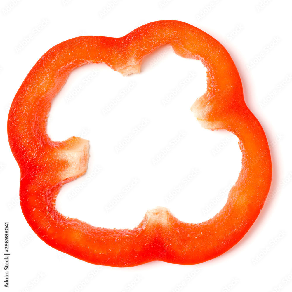 Red pepper slice isolated on white background cutout. Top view, flat lay. Red pepper slice isolated on white background cutout. Top view, flat lay.