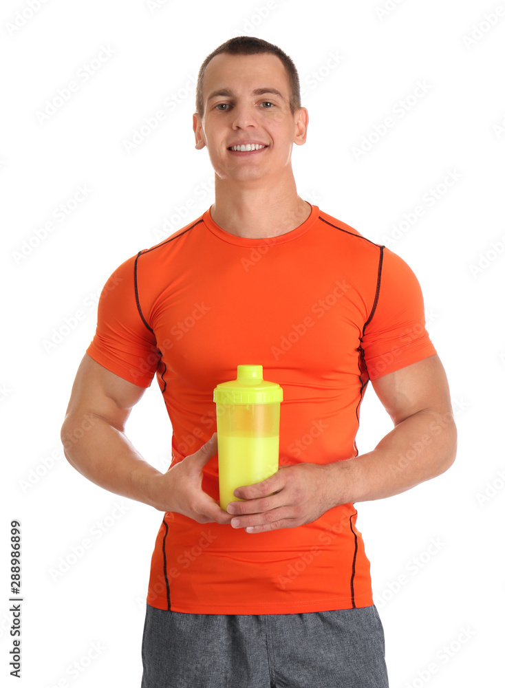 Athletic young man with protein shake on white background Athletic young man with protein shake on white background
