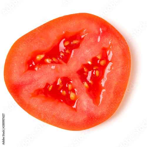 Slice of tomato isolated on white background. Top view, flat lay.