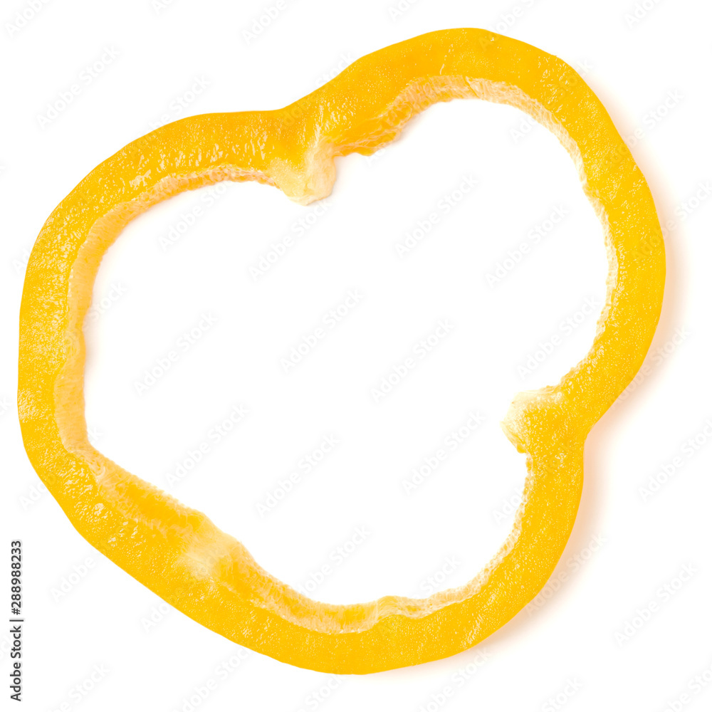 Yellow pepper slice isolated on white background cutout. Top view, flat lay.
