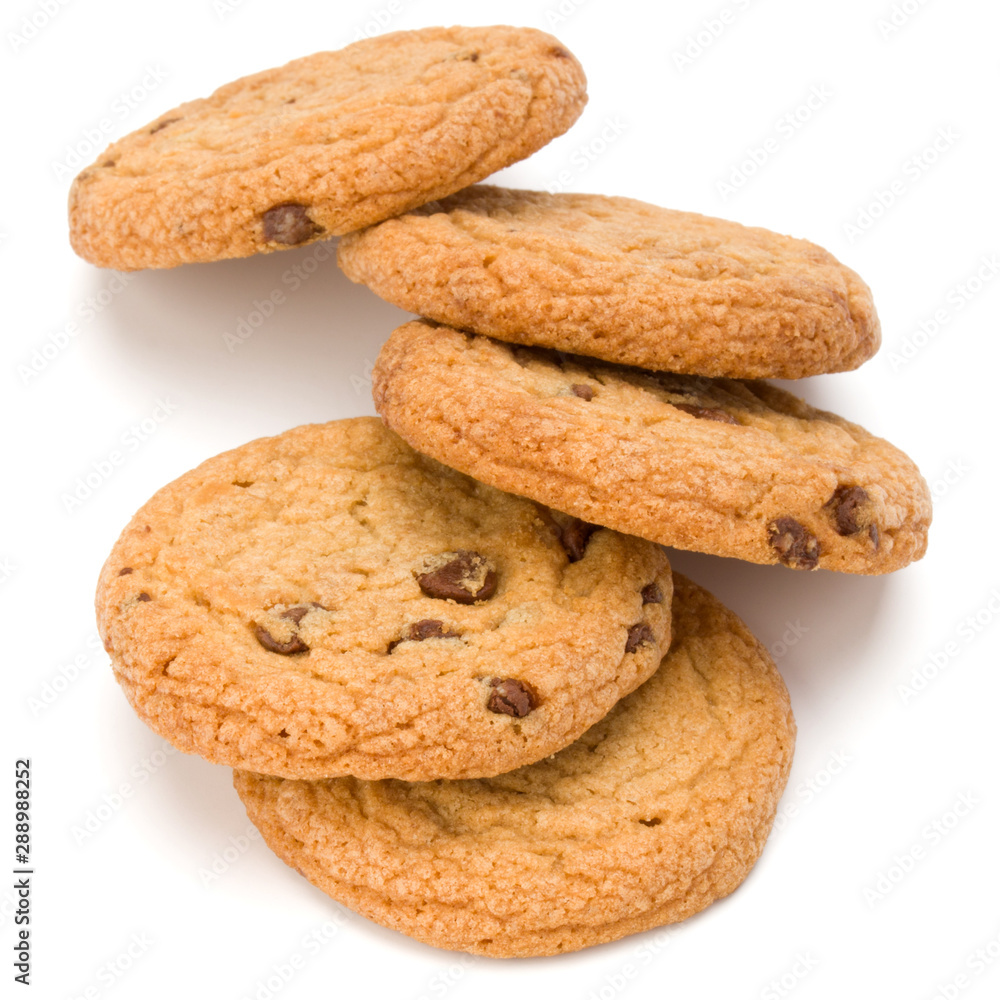 Chocolate chip cookies isolated on white background. Sweet biscuits. Homemade pastry. Chocolate chip cookies isolated on white background. Sweet biscuits. Homemade pastry.